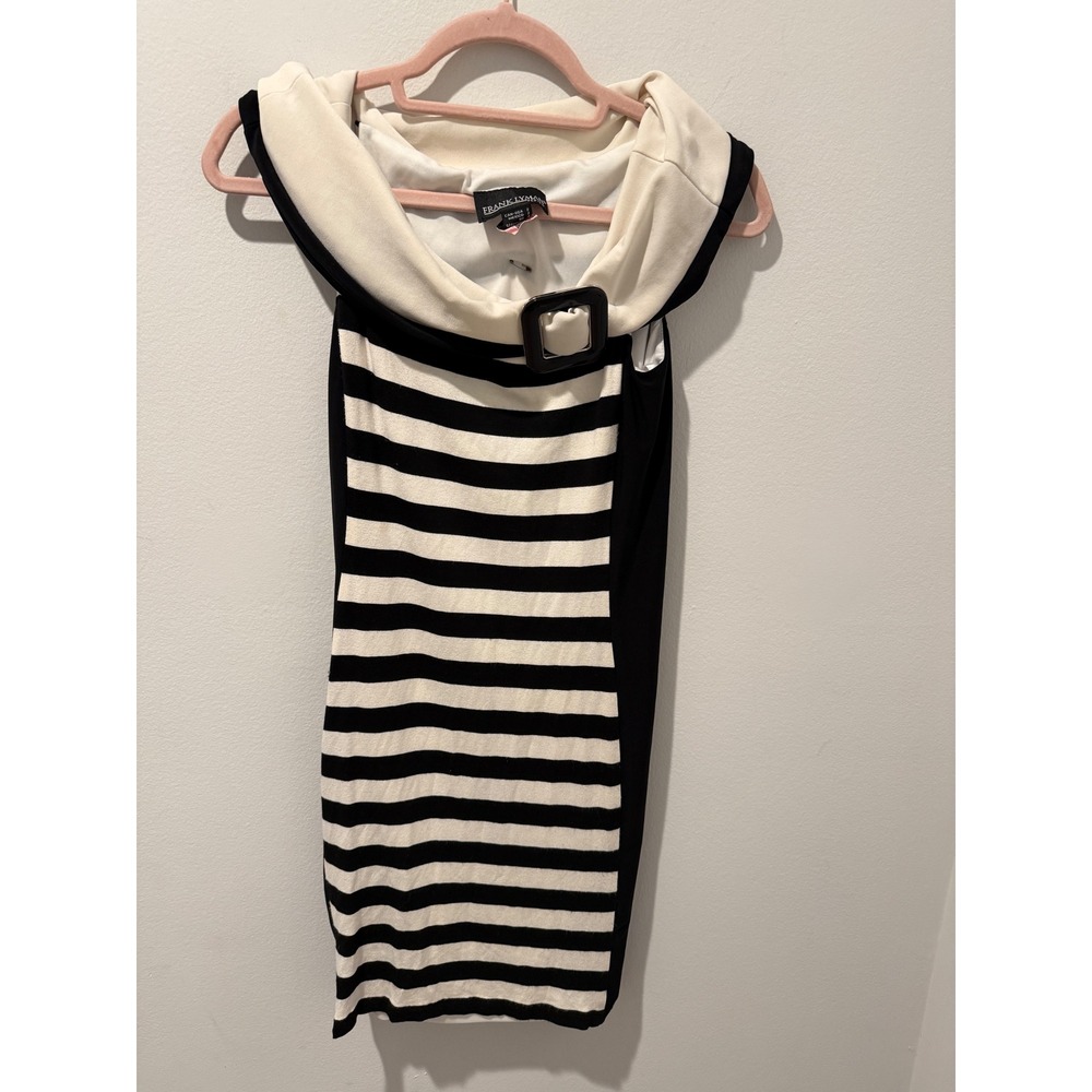 Frank Lyman Striped Off Shoulder Buckle Detail Sheath Dress